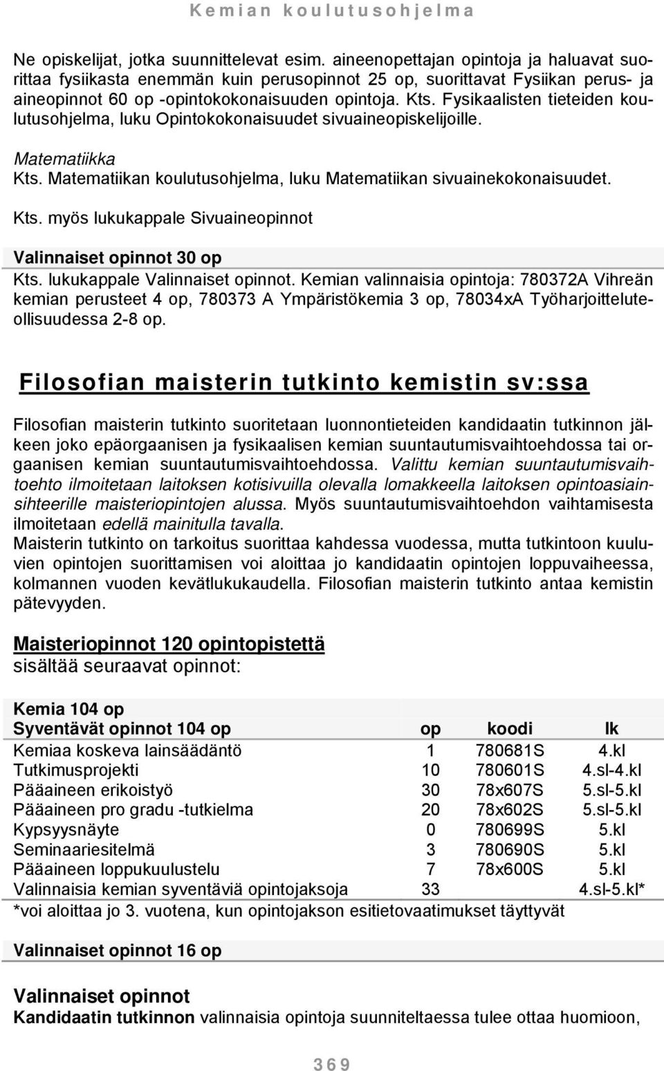 Fysikaalisten tieteiden koulutusohjelma, luku Opintokokonaisuudet sivuaineopiskelijoille. Matematiikka Kts. Matematiikan koulutusohjelma, luku Matematiikan sivuainekokonaisuudet. Kts. myös lukukappale Sivuaineopinnot Valinnaiset opinnot 30 op Kts.