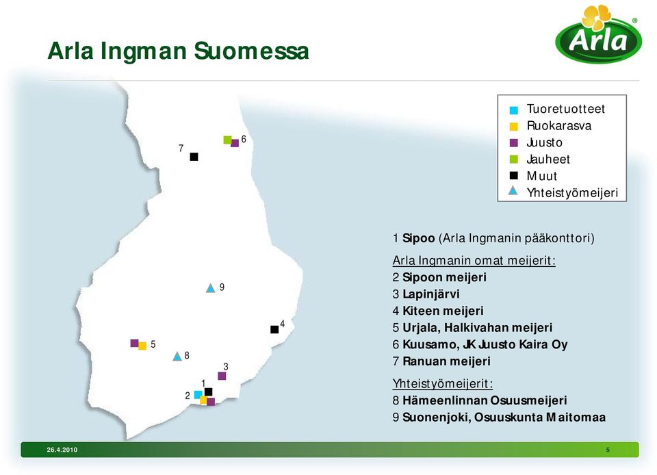 Lapinjärvi 4 Kiteen meijeri 5 Urjala, Halkivahan meijeri 6 Kuusamo, JK Juusto Kaira Oy 7 Ranuan