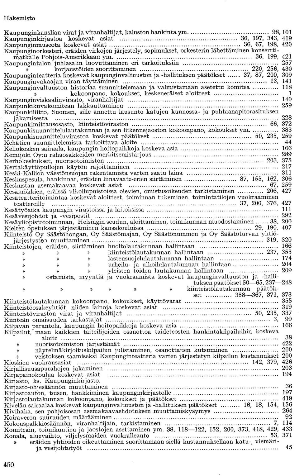 suorittaminen 220, 256, 430 Kaupunginteatteria koskevat kaupunginvaltuuston ja -hallituksen päätökset 37, 87, 200, 309 Kaupunginvakaaj an viran täyttäminen 13, 141 Kaupunginvaltuuston historiaa