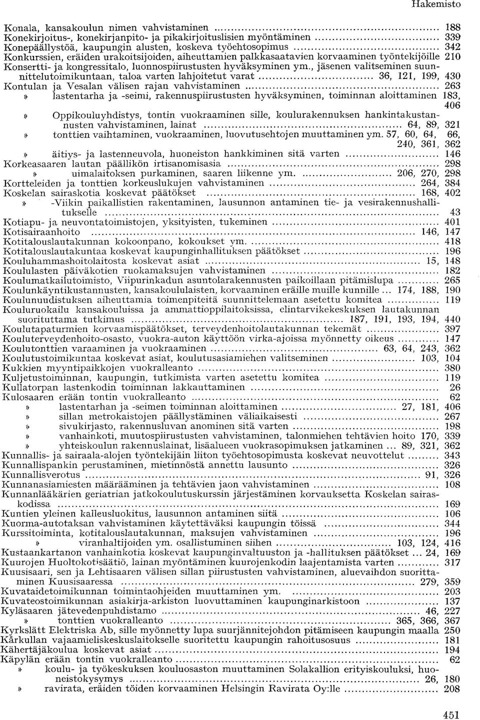 , jäsenen valitseminen suunnittelutoimikuntaan, taloa varten lahjoitetut varat 36, 121, 199, 430 Kontulan ja Vesalan välisen rajan vahvistaminen 263» lastentarha ja -seimi, rakennuspiirustusten