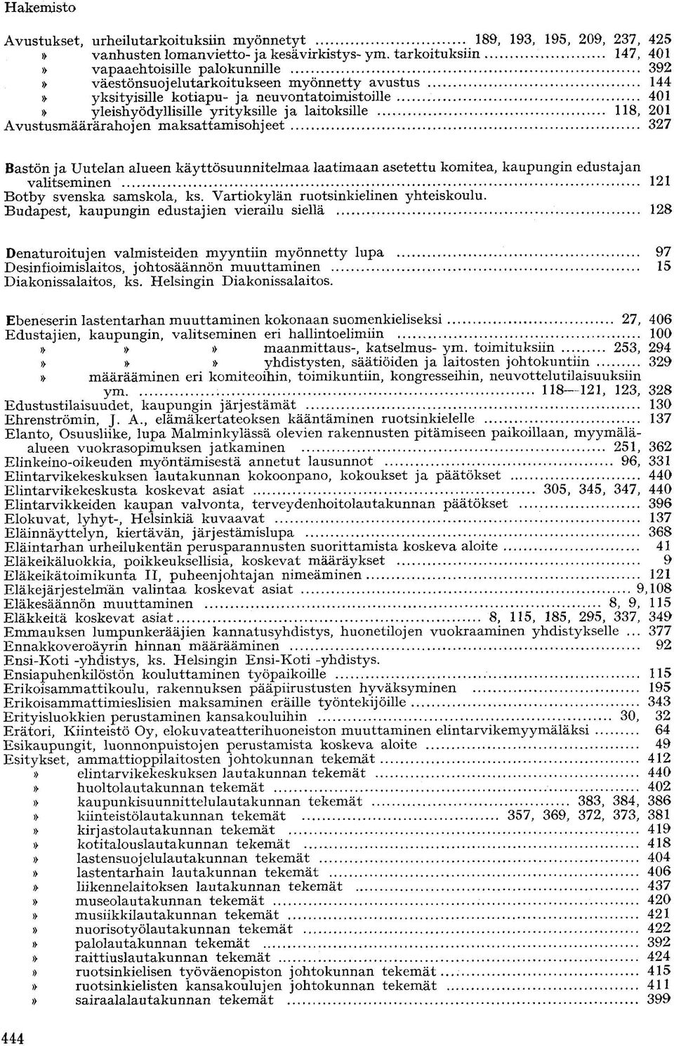 laitoksille 118, 201 Avustusmäärärahojen maksattamisohjeet 327 Bastön ja Uutelan alueen käyttösuunnitelmaa laatimaan asetettu komitea, kaupungin edustajan valitseminen 121 Botby svenska samskola, ks.