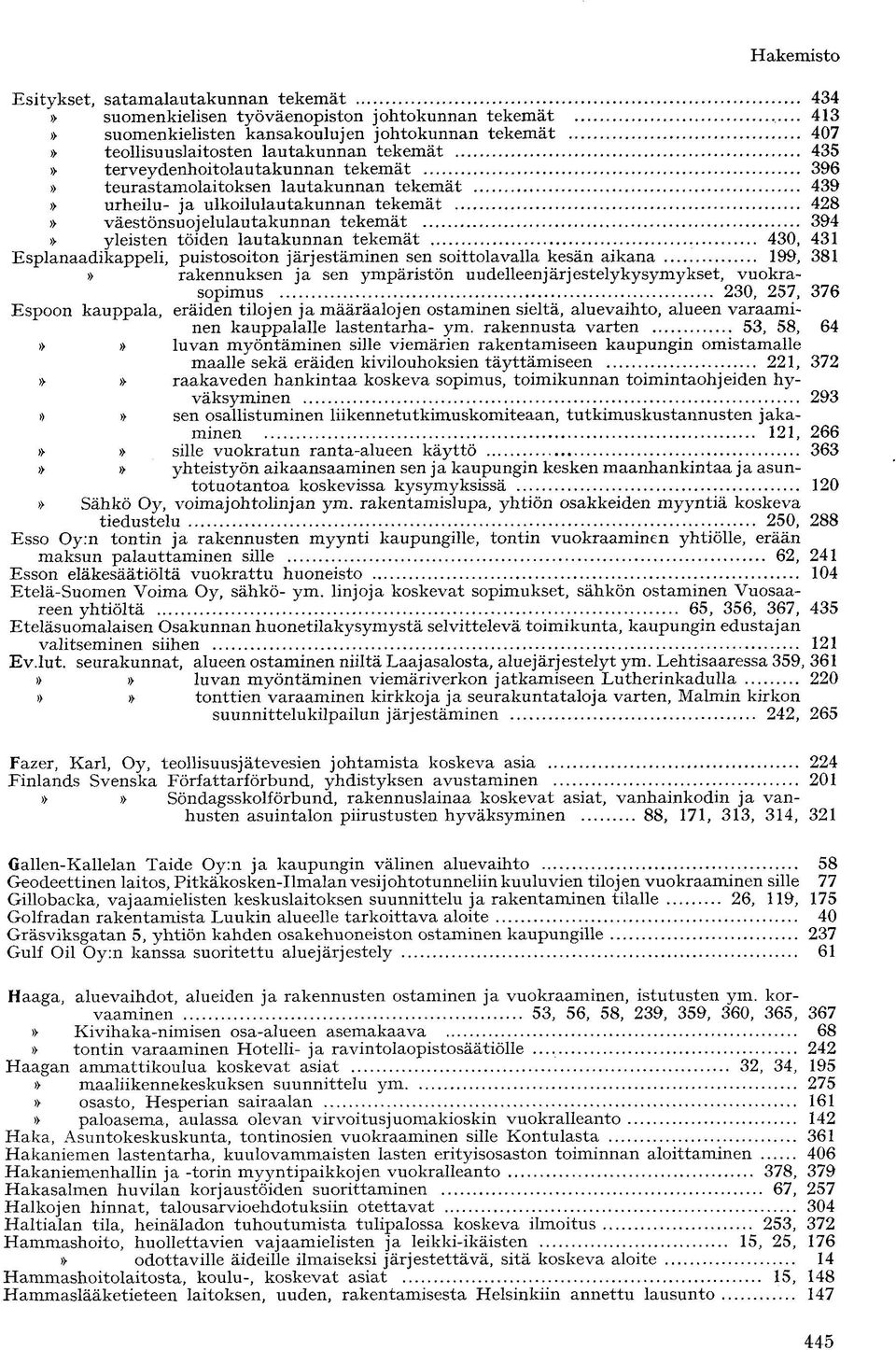 430, 431 Esplanaadikappeli, puistosoiton järjestäminen sen soittolavalla kesän aikana 199, 381» rakennuksen ja sen ympäristön uudelleenjärjestely kysymykset, vuokrasopimus 230, 257, 376 Espoon