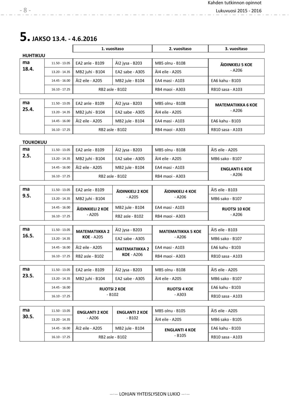 50-13.05 EA2 anle - B109 ÄI2 jysa - B203 MB5 olnu - B108 MATEMATIIKKA 6 KOE 13.20-14.35 MB2 juhi - B104 EA2 sabe - A305 ÄI4 eile - A205 - A206 14.45-16.