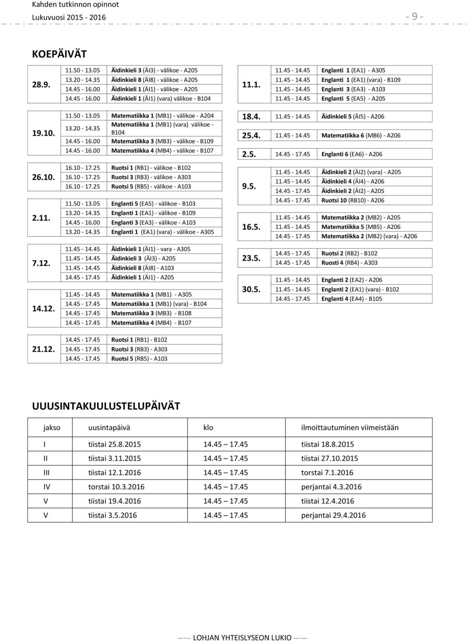 05 Matetiikka 1 (MB1) - välikoe - A204 13.20-14.35 Matetiikka 1 (MB1) (vara) välikoe - B104 14.45-16.00 Matetiikka 3 (MB3) - välikoe - B109 14.45-16.00 Matetiikka 4 (MB4) - välikoe - B107 16.10-17.