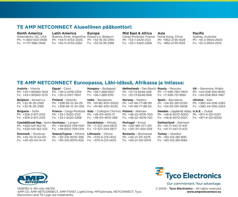 Fx: +852-2735-1625 Pacific Sydney, Australia Ph: +61-2-9554-2600 Fx: +61-2-9554-2519 TE AMP NETCONNECT Euroopassa, Lähi-idässä, Afrikassa ja Intiassa: Austria Vienna Ph: +43-1-90560-1204 Fx: