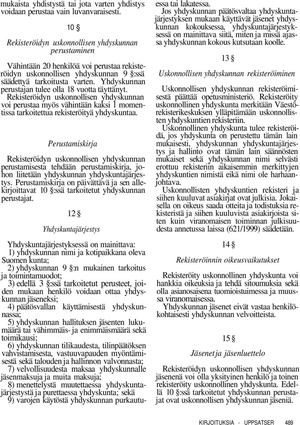 voi perustaa myös vähintään kaksi l momentissa tarkoitettua rekisteröityä yhdyskuntaa. Perustamiskirja perustamisesta tehdään perustamiskirja, johon liitetään yhdyskunnan yhdyskuntajärjestys.