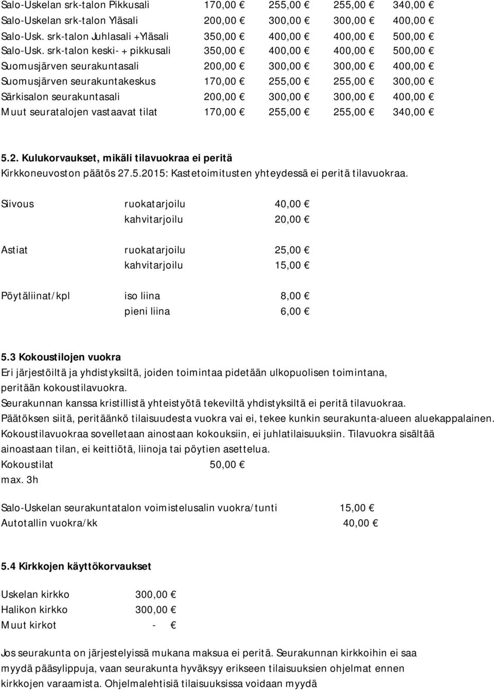 200,00 300,00 300,00 400,00 Muut seuratalojen vastaavat tilat 170,00 255,00 255,00 340,00 5.2. Kulukorvaukset, mikäli tilavuokraa ei peritä Kirkkoneuvoston päätös 27.5.2015: Kastetoimitusten yhteydessä ei peritä tilavuokraa.