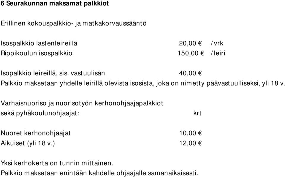 vastuulisän 40,00 Palkkio maksetaan yhdelle leirillä olevista isosista, joka on nimetty päävastuulliseksi, yli 18 v.