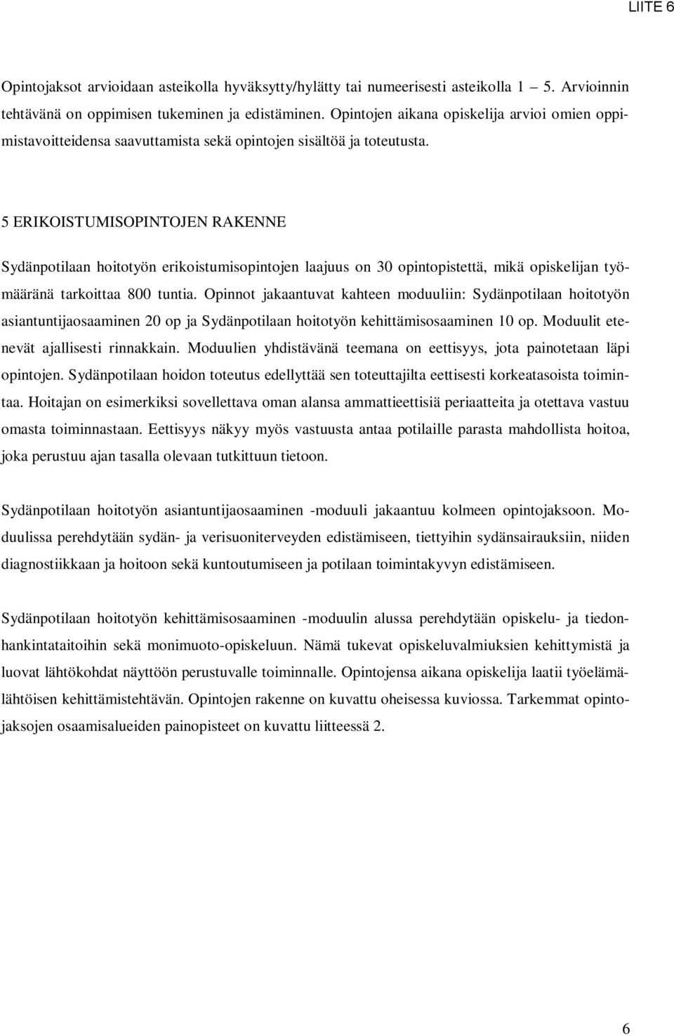 5 ERIKOISTUMISOPINTOJEN RAKENNE Sydänpotilaan hoitotyön erikoistumisopintojen laajuus on 30 opintopistettä, mikä opiskelijan työmääränä tarkoittaa 800 tuntia.