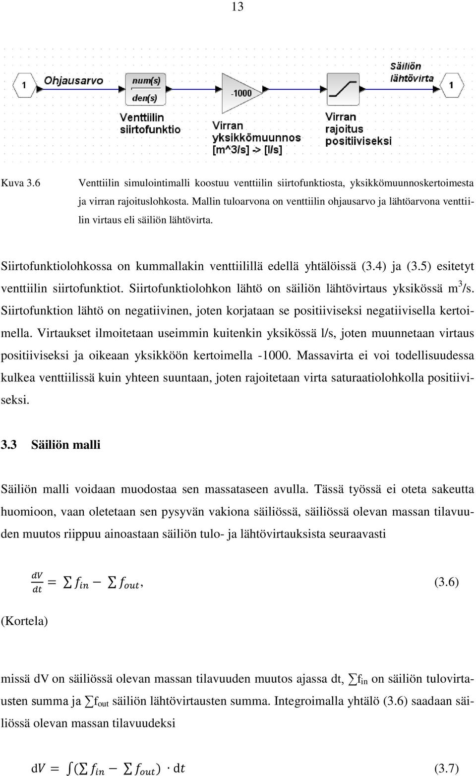 5) esitetyt venttiilin siirtofunktiot. Siirtofunktiolohkon lähtö on säiliön lähtövirtaus yksikössä m 3 /s.