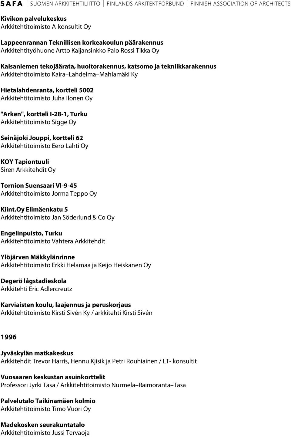 Arkkitehtitoimisto Sigge Oy Seinäjoki Jouppi, kortteli 62 Arkkitehtitoimisto Eero Lahti Oy KOY Tapiontuuli Siren Arkkitehdit Oy Tornion Suensaari VI-9-45 Arkkitehtitoimisto Jorma Teppo Oy Kiint.