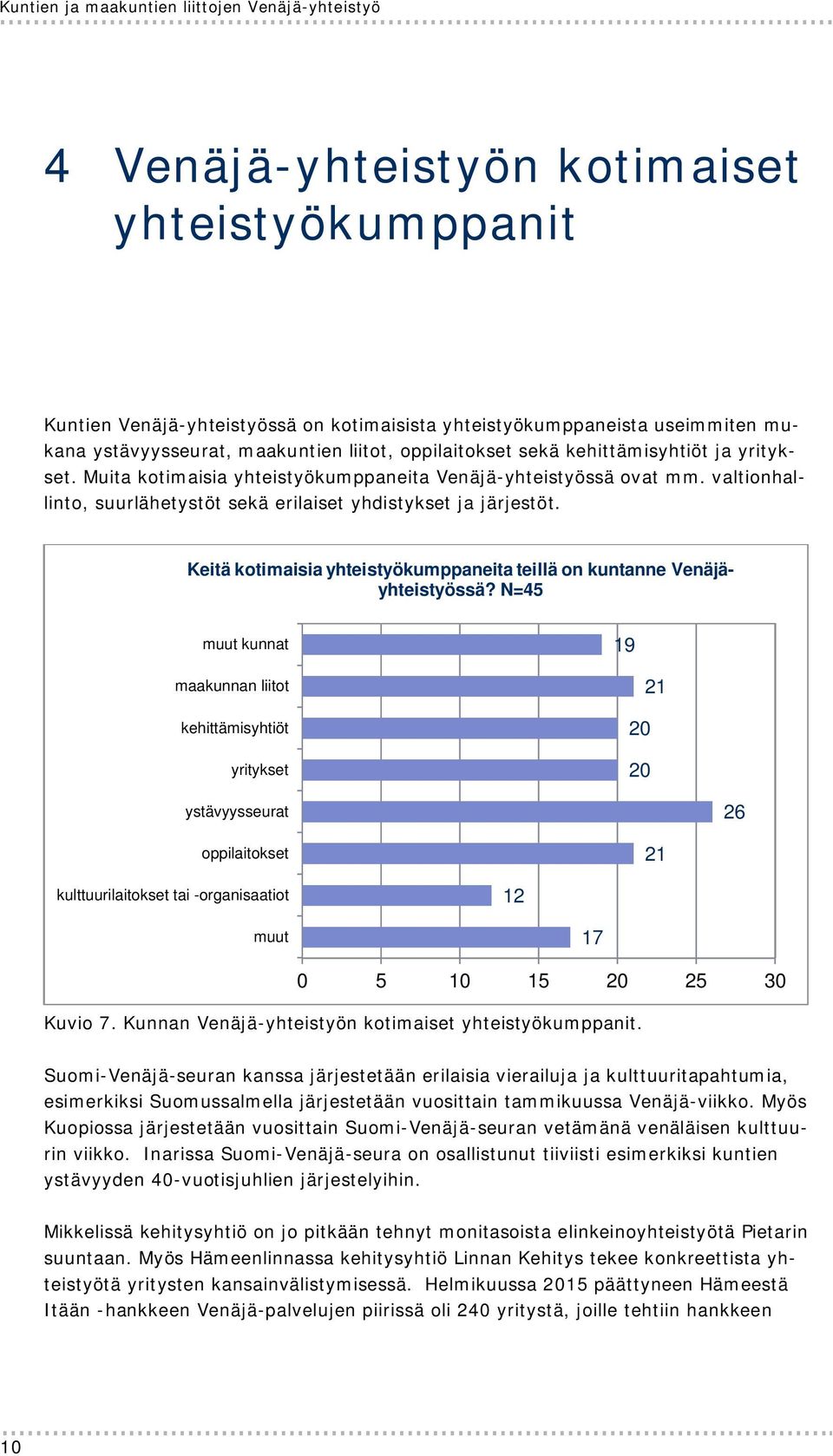 valtionhallinto, suurlähetystöt sekä erilaiset yhdistykset ja järjestöt. Keitä kotimaisia yhteistyökumppaneita teillä on kuntanne Venäjäyhteistyössä?