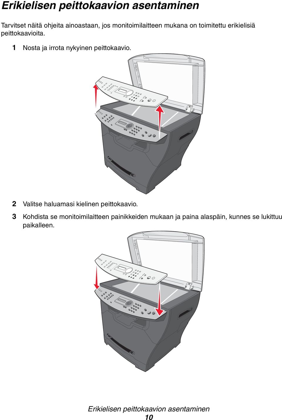 1 Nosta ja irrota nykyinen peittokaavio. 2 Valitse haluamasi kielinen peittokaavio.