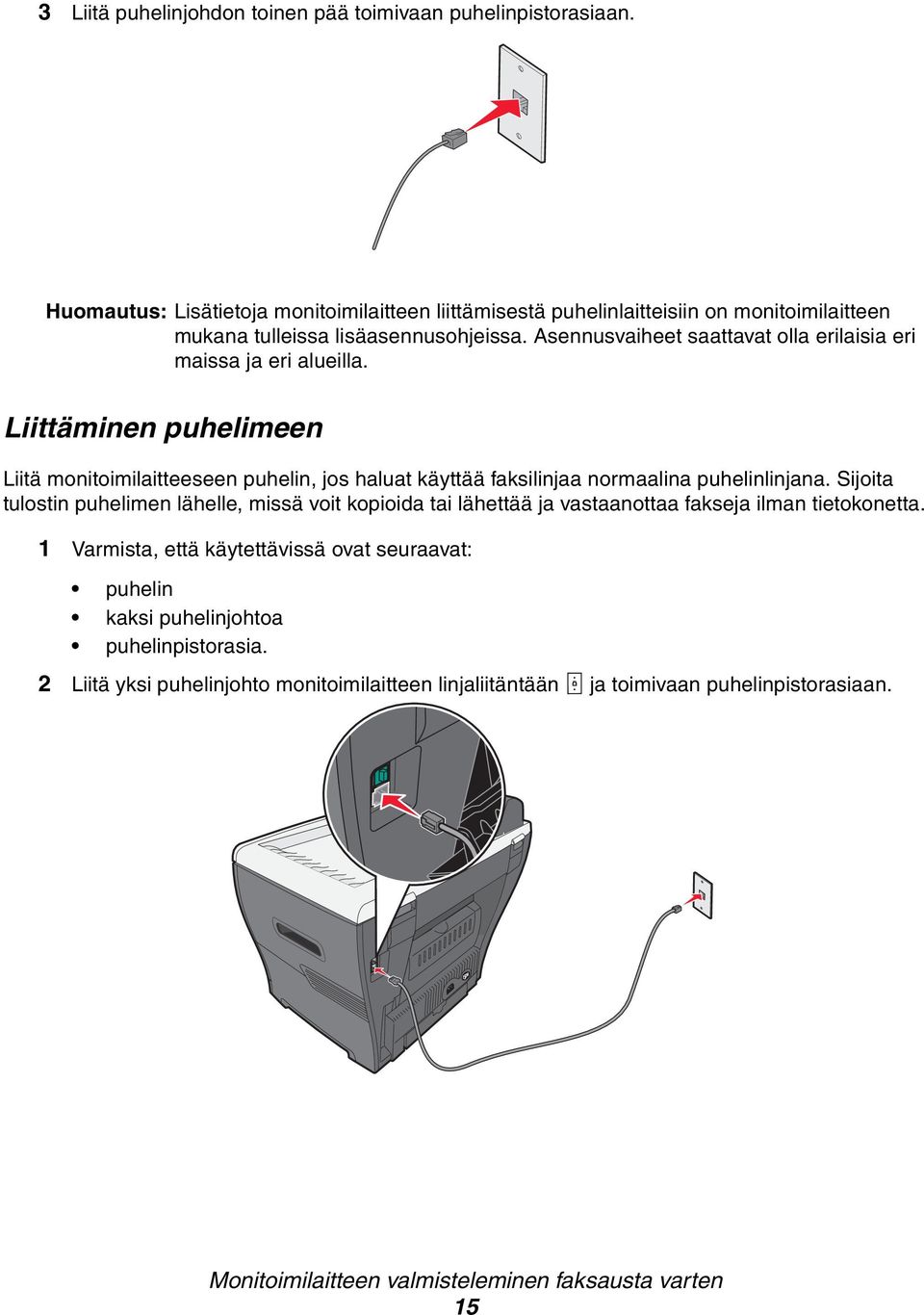 Asennusvaiheet saattavat olla erilaisia eri maissa ja eri alueilla. Liittäminen puhelimeen Liitä monitoimilaitteeseen puhelin, jos haluat käyttää faksilinjaa normaalina puhelinlinjana.