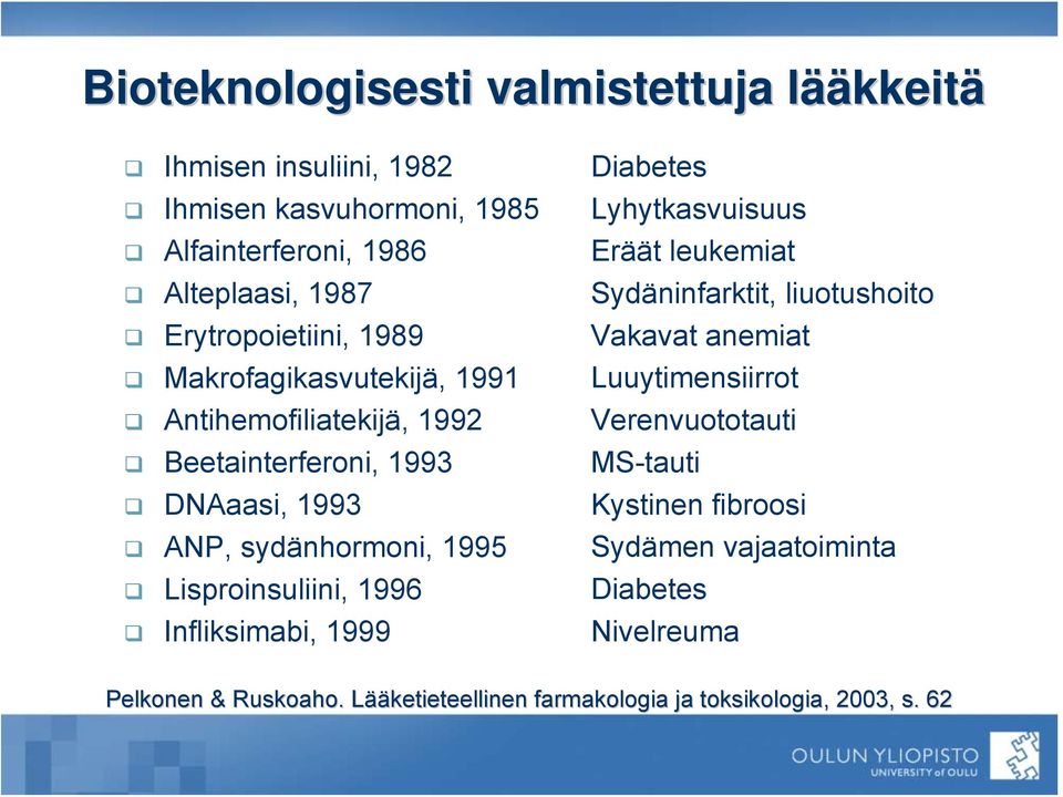 Lisproinsuliini, 1996 Infliksimabi, 1999 Diabetes Lyhytkasvuisuus Eräät leukemiat Sydäninfarktit, liuotushoito Vakavat anemiat Luuytimensiirrot