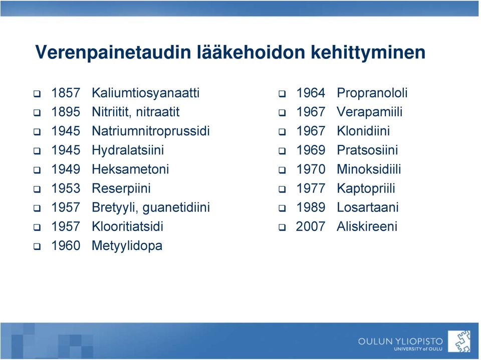 guanetidiini 1957 Klooritiatsidi 1960 Metyylidopa 1964 Propranololi 1967 Verapamiili 1967