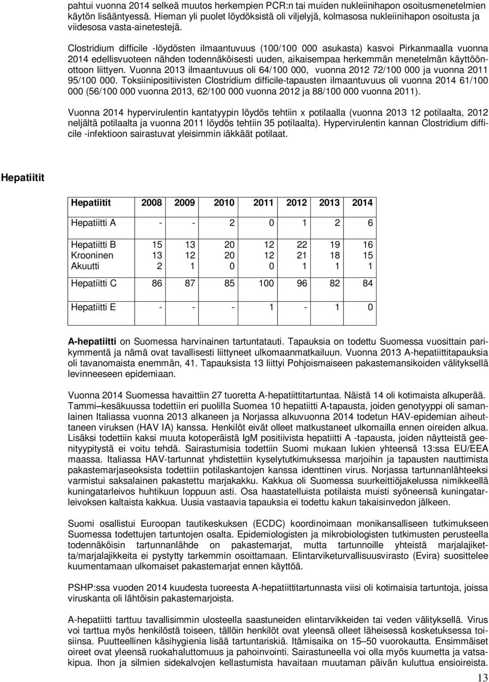 Clostridium difficile -löydösten ilmaantuvuus (/ asukasta) kasvoi Pirkanmaalla vuonna 24 edellisvuoteen nähden todennäköisesti uuden, aikaisempaa herkemmän menetelmän käyttöönottoon liittyen.