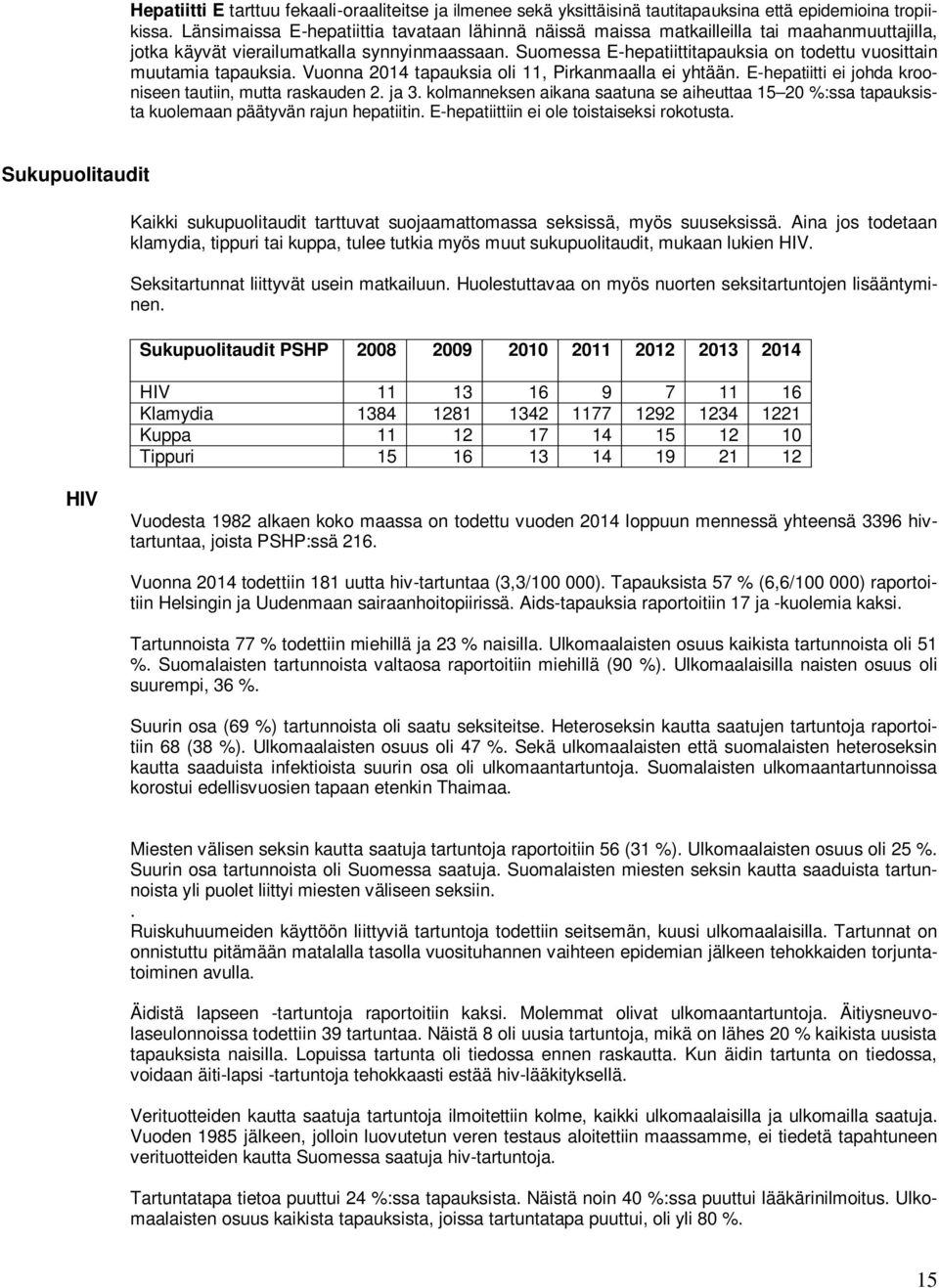 Suomessa E-hepatiittitapauksia on todettu vuosittain muutamia tapauksia. Vuonna 24 tapauksia oli, Pirkanmaalla ei yhtään. E-hepatiitti ei johda krooniseen tautiin, mutta raskauden 2. ja 3.