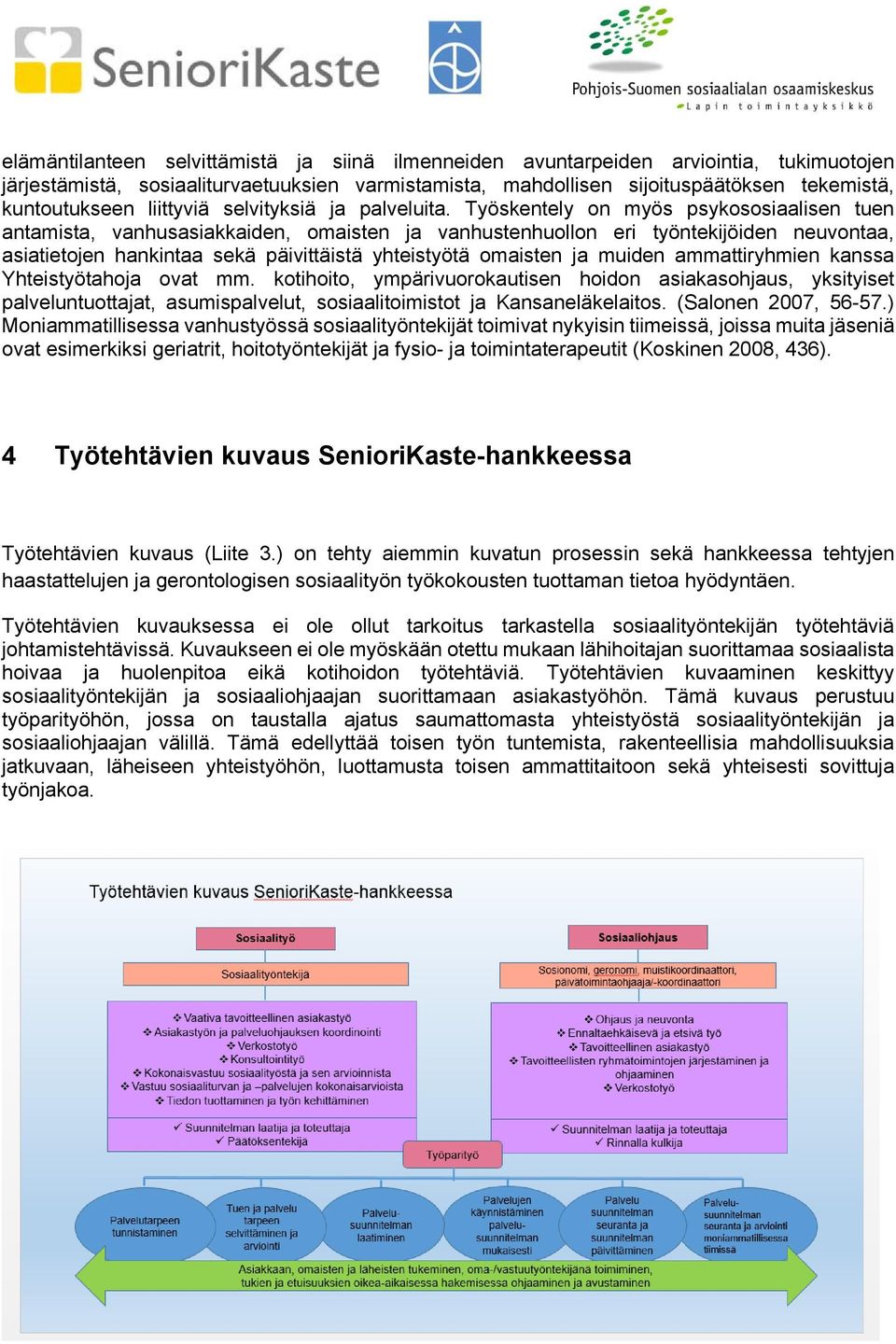 Työskentely on myös psykososiaalisen tuen antamista, vanhusasiakkaiden, omaisten ja vanhustenhuollon eri työntekijöiden neuvontaa, asiatietojen hankintaa sekä päivittäistä yhteistyötä omaisten ja