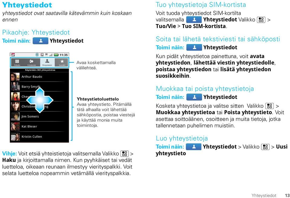 Soita tai lähetä tekstiviesti tai sähköposti Toimi näin: Yhteystiedot Kun pidät yhteystietoa painettuna, voit avata yhteystiedon, lähettää viestin yhteystiedolle, poistaa yhteystiedon tai lisätä