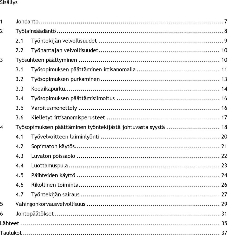 .. 17 4 Työsopimuksen päättäminen työntekijästä johtuvasta syystä... 18 4.1 Työvelvoitteen laiminlyönti... 20 4.2 Sopimaton käytös... 21 4.3 Luvaton poissaolo... 22 4.4 Luottamuspula.