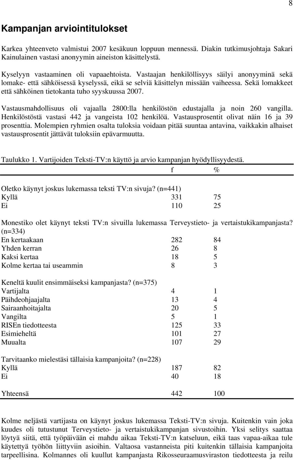 Sekä lomakkeet että sähköinen tietokanta tuho syyskuussa 2007. Vastausmahdollisuus oli vajaalla 2800:lla henkilöstön edustajalla ja noin 260 vangilla.