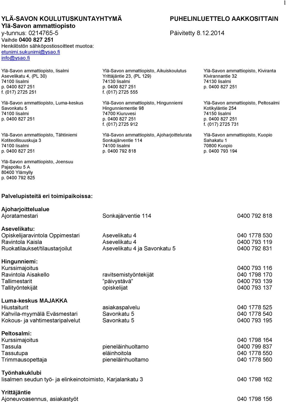 fi Ylä-Savon ammattiopisto, Iisalmi Ylä-Savon ammattiopisto, Aikuiskoulutus Ylä-Savon ammattiopisto, Kiviranta Asevelikatu 4, (PL 30) Yrittäjäntie 23, (PL 129) Kivirannantie 32 74100 Iisalmi 74130