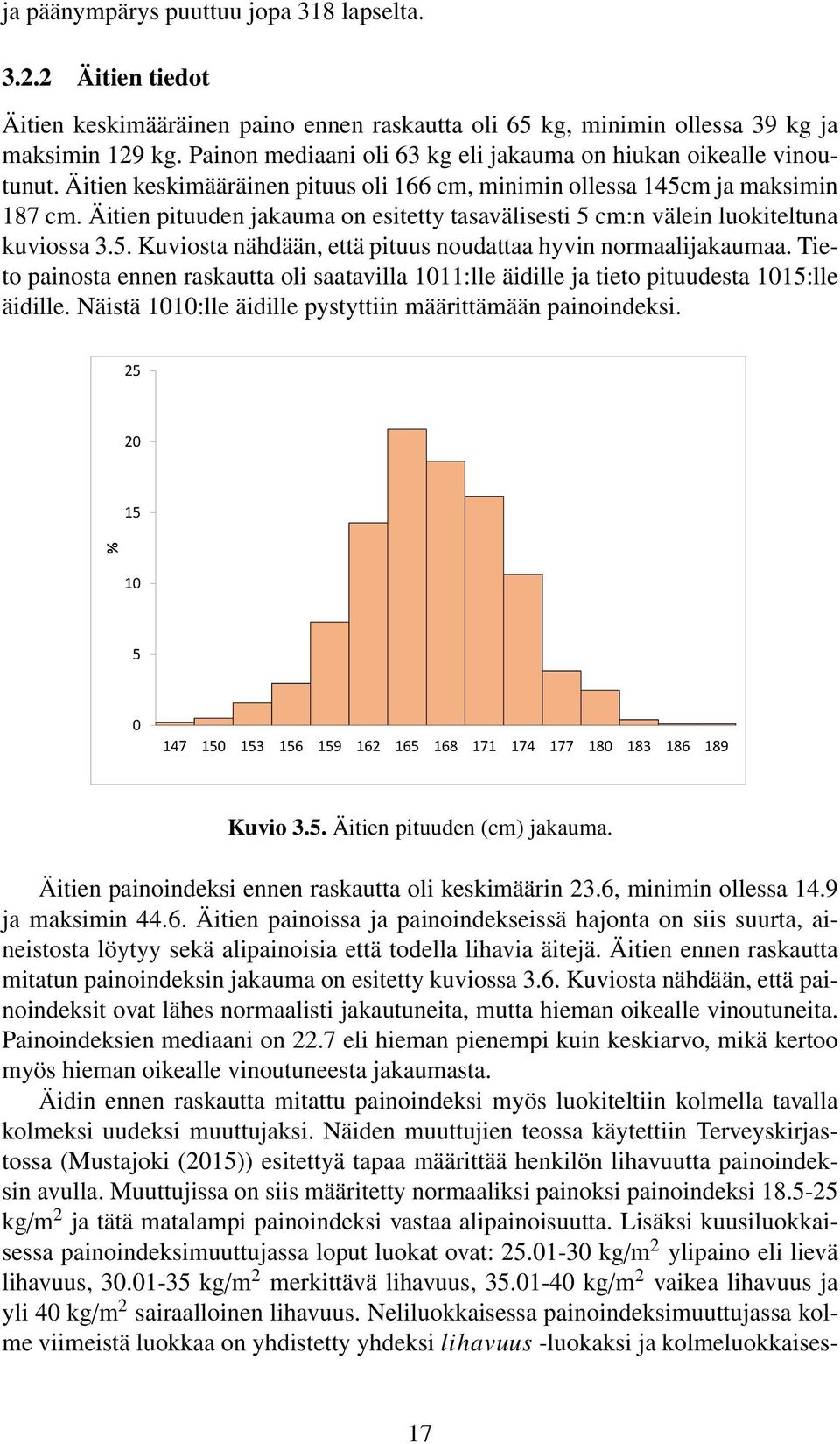 Äitien pituuden jakauma on esitetty tasavälisesti 5 cm:n välein luokiteltuna kuviossa 3.5. Kuviosta nähdään, että pituus noudattaa hyvin normaalijakaumaa.