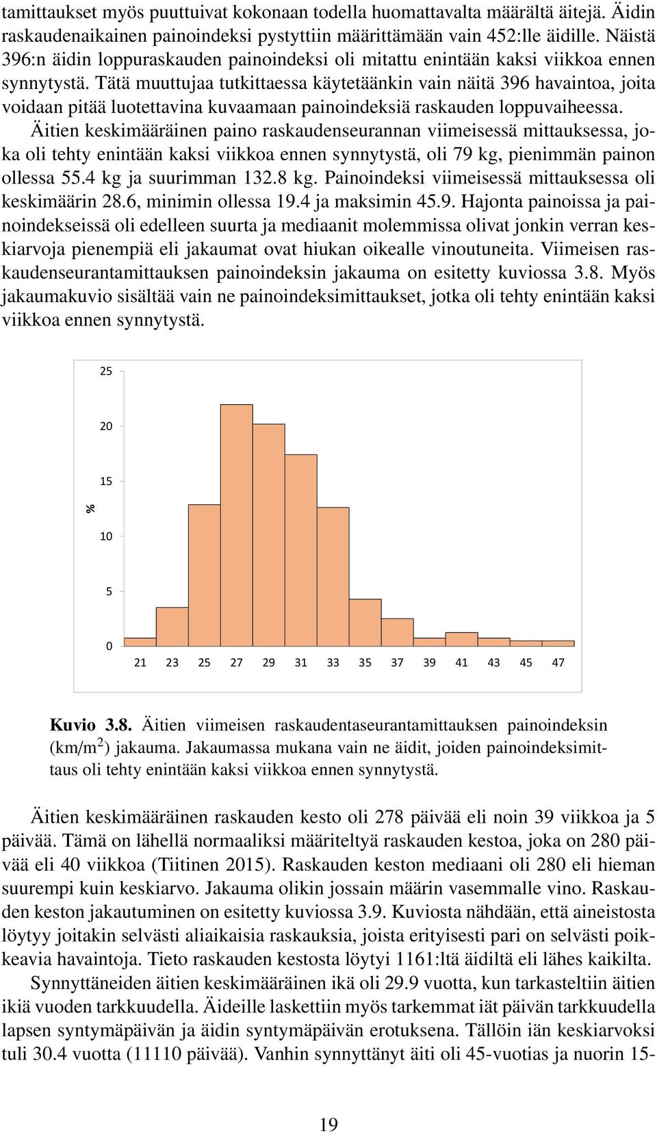 Tätä muuttujaa tutkittaessa käytetäänkin vain näitä 396 havaintoa, joita voidaan pitää luotettavina kuvaamaan painoindeksiä raskauden loppuvaiheessa.