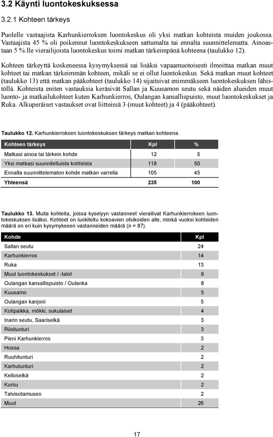 Kohteen tärkeyttä koskeneessa kysymyksessä sai lisäksi vapaamuotoisesti ilmoittaa matkan muut kohteet tai matkan tärkeimmän kohteen, mikäli se ei ollut luontokeskus.