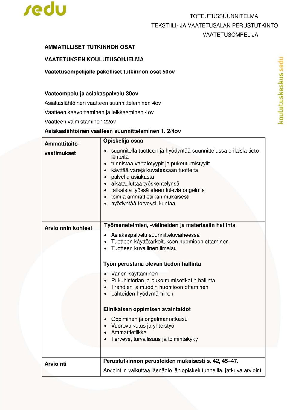 2/4ov Ammattitaitovaatimukset Opiskelija osaa suunnitella tuotteen ja hyödyntää suunnittelussa erilaisia tietolähteitä tunnistaa vartalotyypit ja pukeutumistyylit käyttää värejä kuvatessaan tuotteita