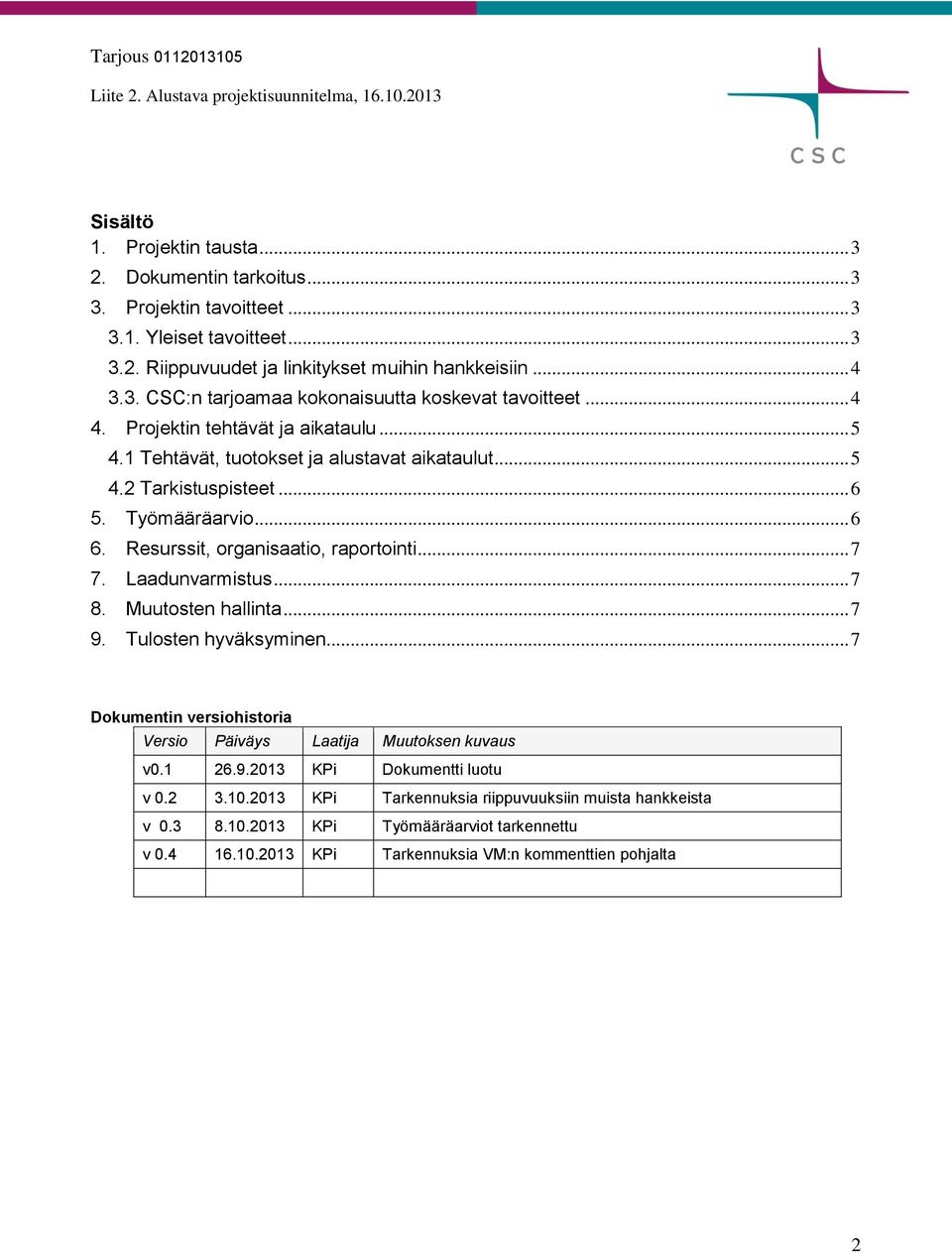 Laadunvarmistus... 7 8. Muutosten hallinta... 7 9. Tulosten hyväksyminen... 7 Dokumentin versiohistoria Versio Päiväys Laatija Muutoksen kuvaus v0.1 26.9.2013 KPi Dokumentti luotu v 0.2 3.10.