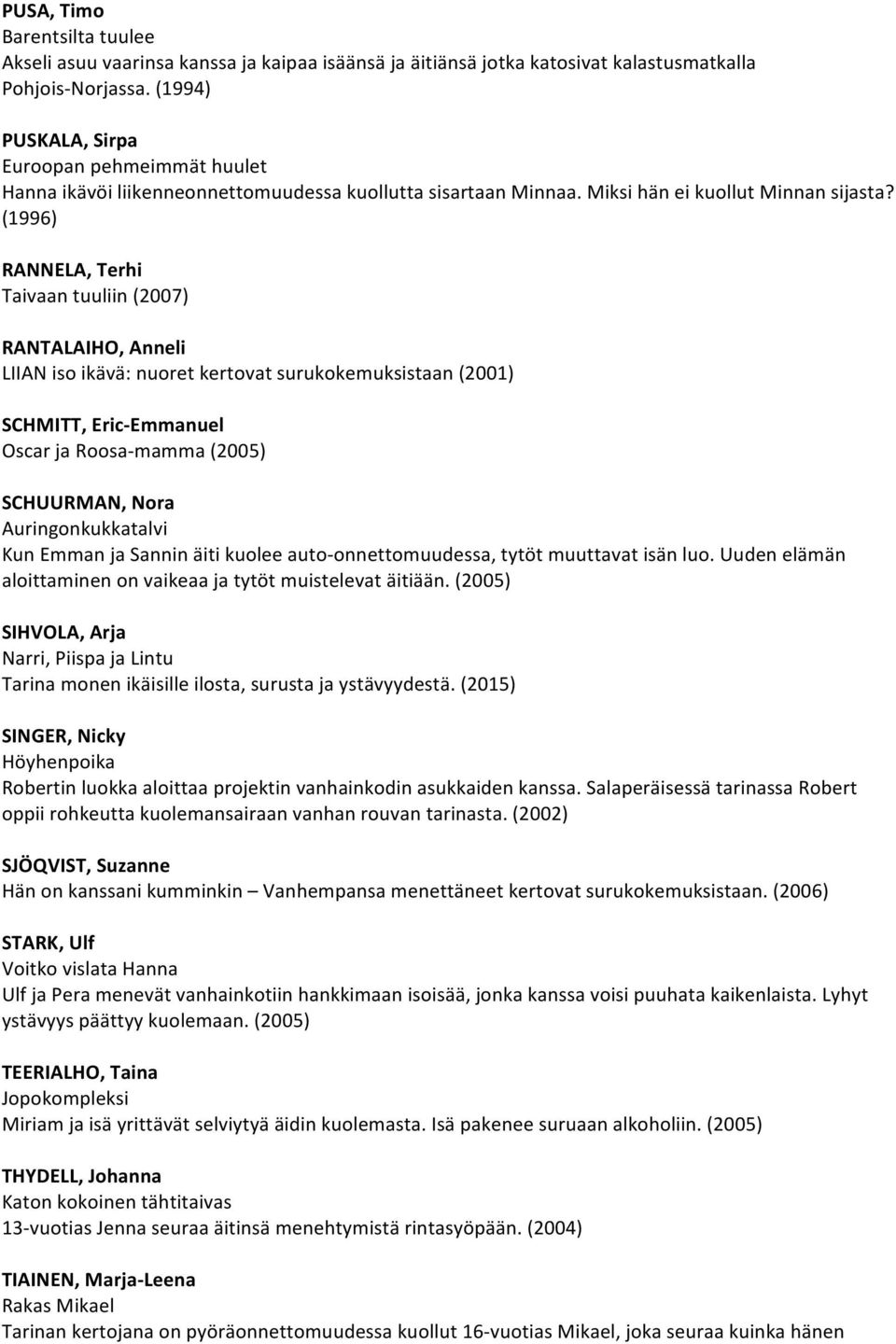 (1996) RANNELA, Terhi Taivaan tuuliin (2007) RANTALAIHO, Anneli LIIAN iso ikävä: nuoret kertovat surukokemuksistaan (2001) SCHMITT, Eric-Emmanuel Oscar ja Roosa-mamma (2005) SCHUURMAN, Nora