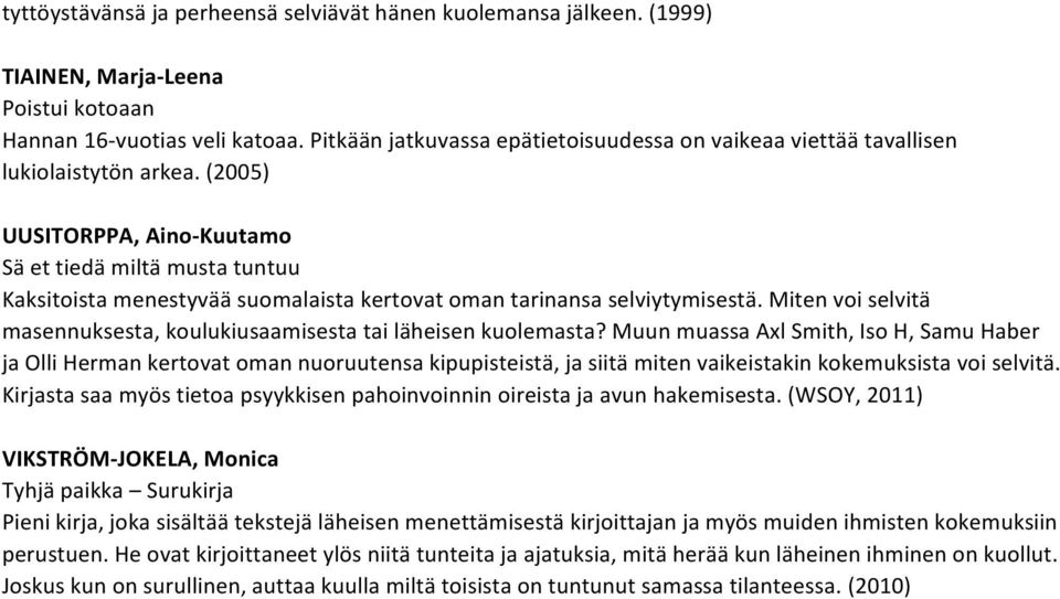 (2005) UUSITORPPA, Aino-Kuutamo Sä et tiedä miltä musta tuntuu Kaksitoista menestyvää suomalaista kertovat oman tarinansa selviytymisestä.