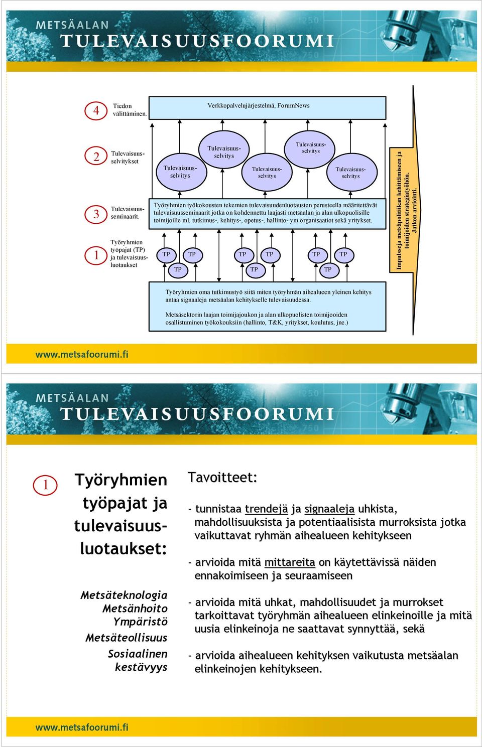 ulkopuolisille toimijoille ml. tutkimus-, kehitys-, opetus-, hallinto- ym organisaatiot sekä yritykset. Työryhmien työpajat () ja tulevaisuusluotaukset Tulevaisuusseminaarit.