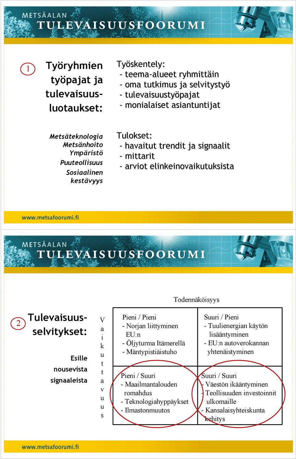 nousevista signaaleista V a i k u t t a v u u s Pieni / Pieni - Norjan liittyminen EU:n - Öljyturma Itämerellä - Mäntypistiäistuho Pieni / Suuri - Maailmantalouden romahdus - Teknologiahyppäykset -