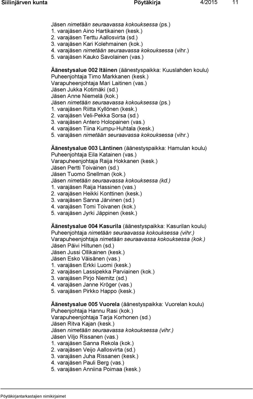 ) Varapuheenjohtaja Mari Laitinen (vas.) Jäsen Jukka Kotimäki (sd.) Jäsen Anne Niemelä (kok.) Jäsen nimetään seuraavassa kokouksessa (ps.) 1. varajäsen Riitta Kyllönen (kesk.) 2.