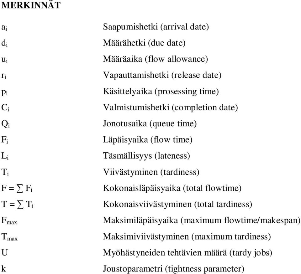 (flow time) Täsmällisyys (lateness) Viivästyminen (tardiness) Kokonaisläpäisyaika (total flowtime) Kokonaisviivästyminen (total tardiness)