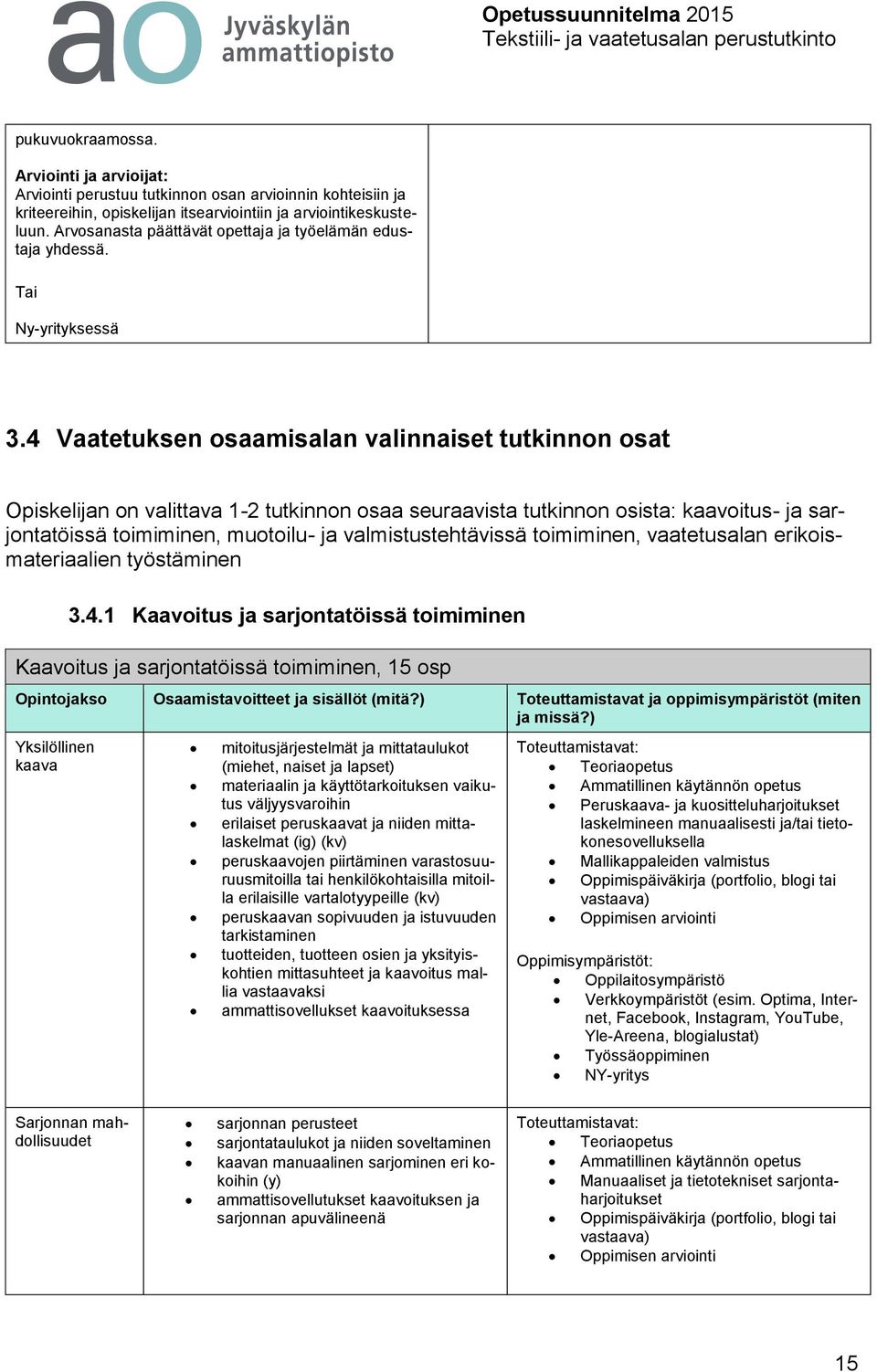 4 Vaatetuksen osaamisalan valinnaiset tutkinnon osat Opiskelijan on valittava 1-2 tutkinnon osaa seuraavista tutkinnon osista: kaavoitus- ja sarjontatöissä toimiminen, muotoilu- ja