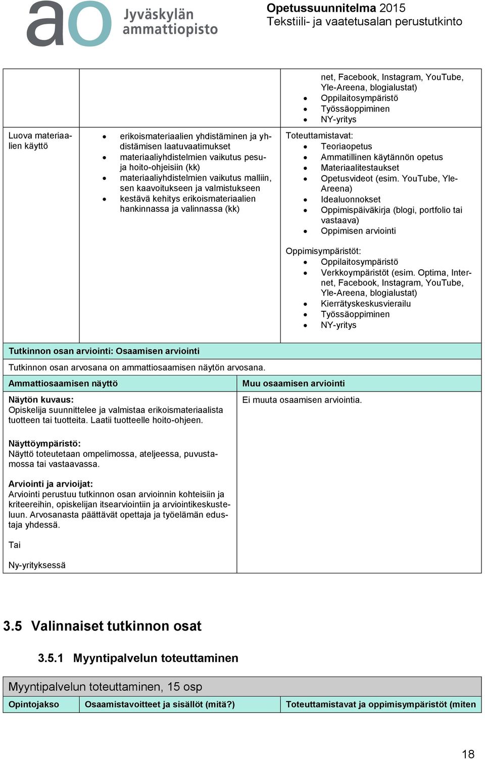 Materiaalitestaukset Opetusvideot (esim. YouTube, Yle- Areena) Idealuonnokset Oppimispäiväkirja (blogi, portfolio tai Oppimisen arviointi Oppilaitosympäristö Verkkoympäristöt (esim.