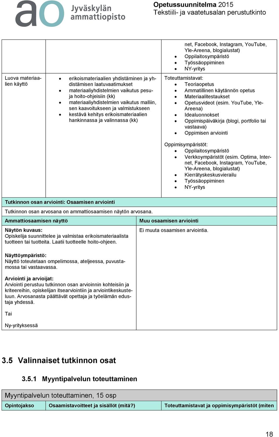 Materiaalitestaukset Opetusvideot (esim. YouTube, Yle- Areena) Idealuonnokset Oppimispäiväkirja (blogi, portfolio tai Oppimisen arviointi Oppilaitosympäristö Verkkoympäristöt (esim.