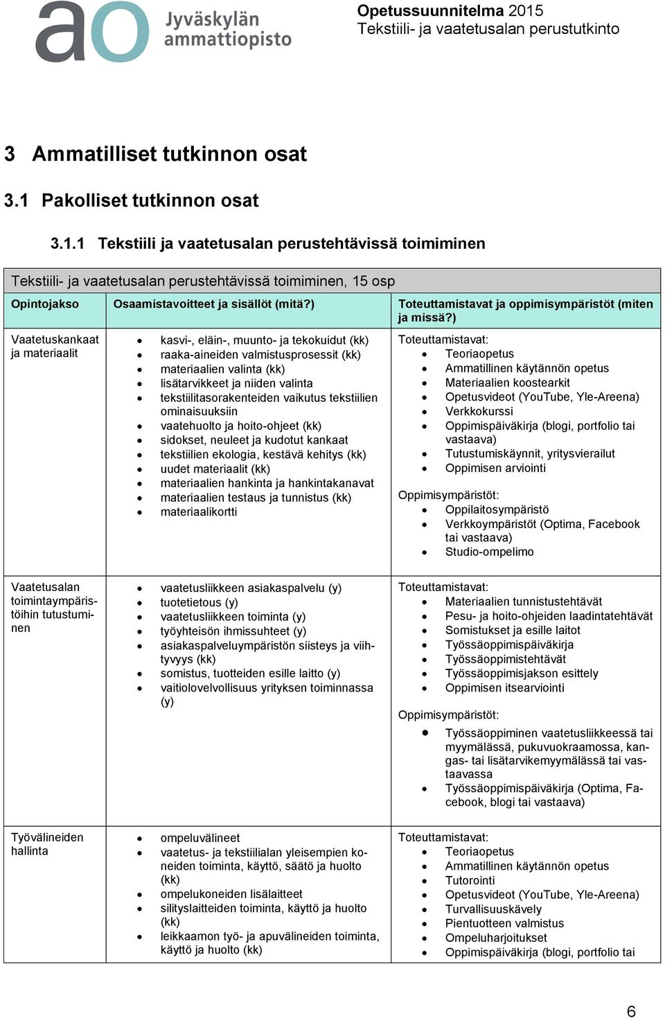 ) Vaatetuskankaat ja materiaalit kasvi-, eläin-, muunto- ja tekokuidut (kk) raaka-aineiden valmistusprosessit (kk) materiaalien valinta (kk) lisätarvikkeet ja niiden valinta tekstiilitasorakenteiden