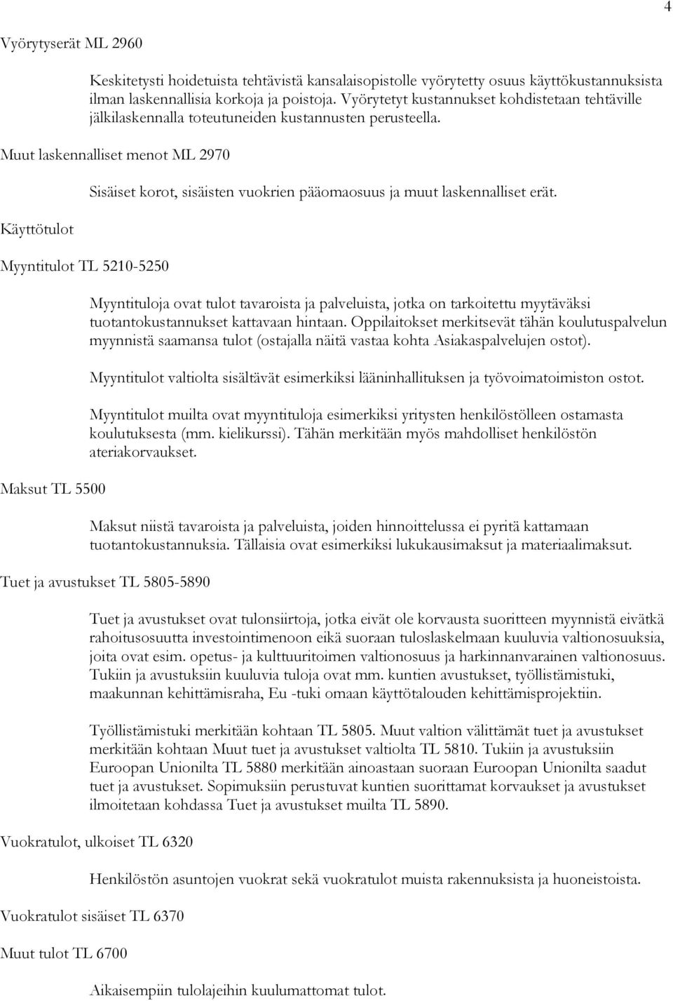 Muut laskennalliset menot ML 2970 Käyttötulot Myyntitulot TL 5210-5250 Maksut TL 5500 Sisäiset korot, sisäisten vuokrien pääomaosuus ja muut laskennalliset erät.