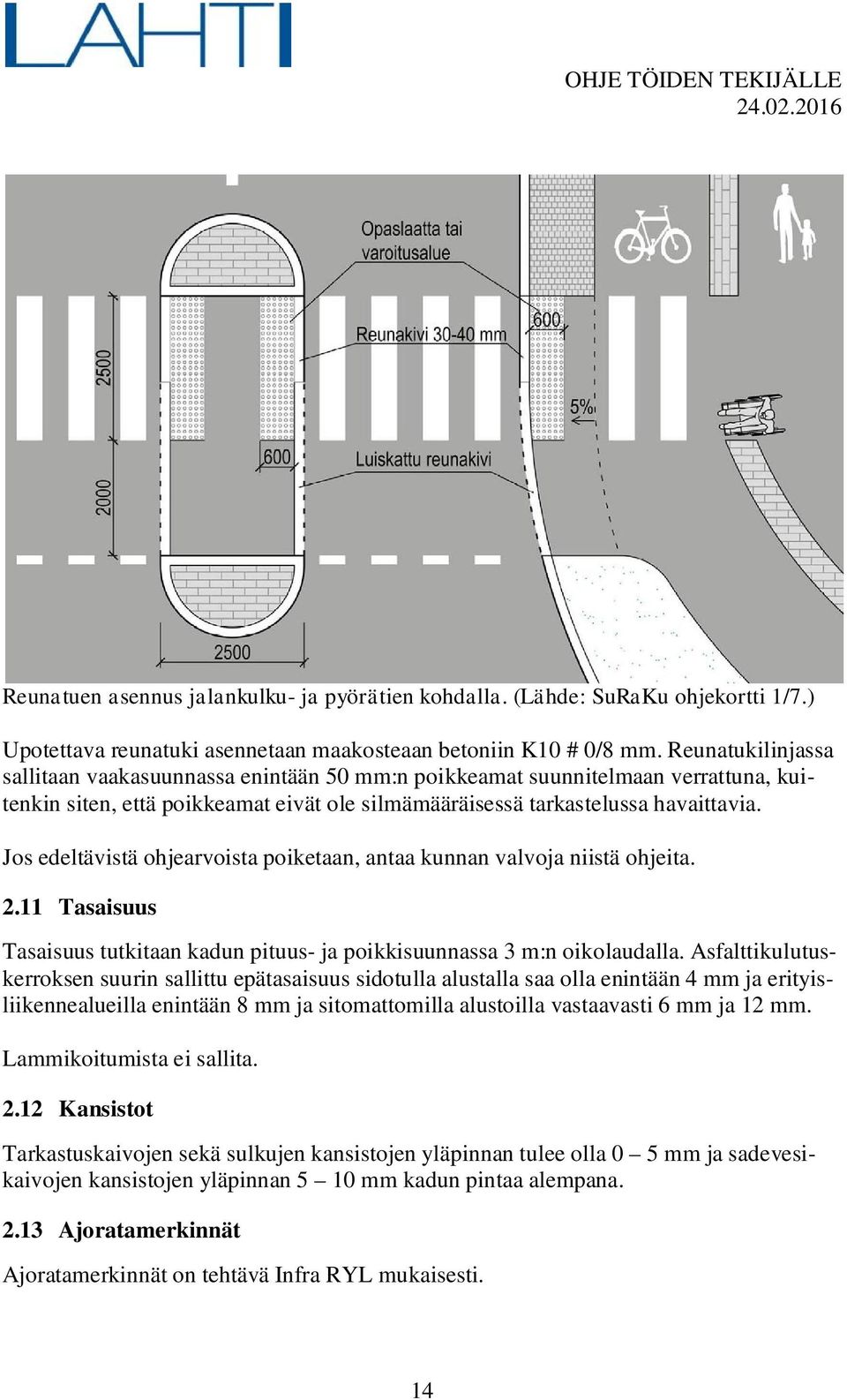 Jos edeltävistä ohjearvoista poiketaan, antaa kunnan valvoja niistä ohjeita. 2.11 Tasaisuus Tasaisuus tutkitaan kadun pituus- ja poikkisuunnassa 3 m:n oikolaudalla.