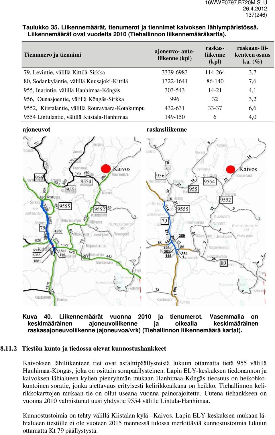 (%) 79, Levintie, välillä Kittilä-Sirkka 3339-6983 114-264 3,7 80, Sodankyläntie, välillä Kuusajoki-Kittilä 1322-1641 86-140 7,6 955, Inarintie, välillä Hanhimaa-Köngäs 303-543 14-21 4,1 956,