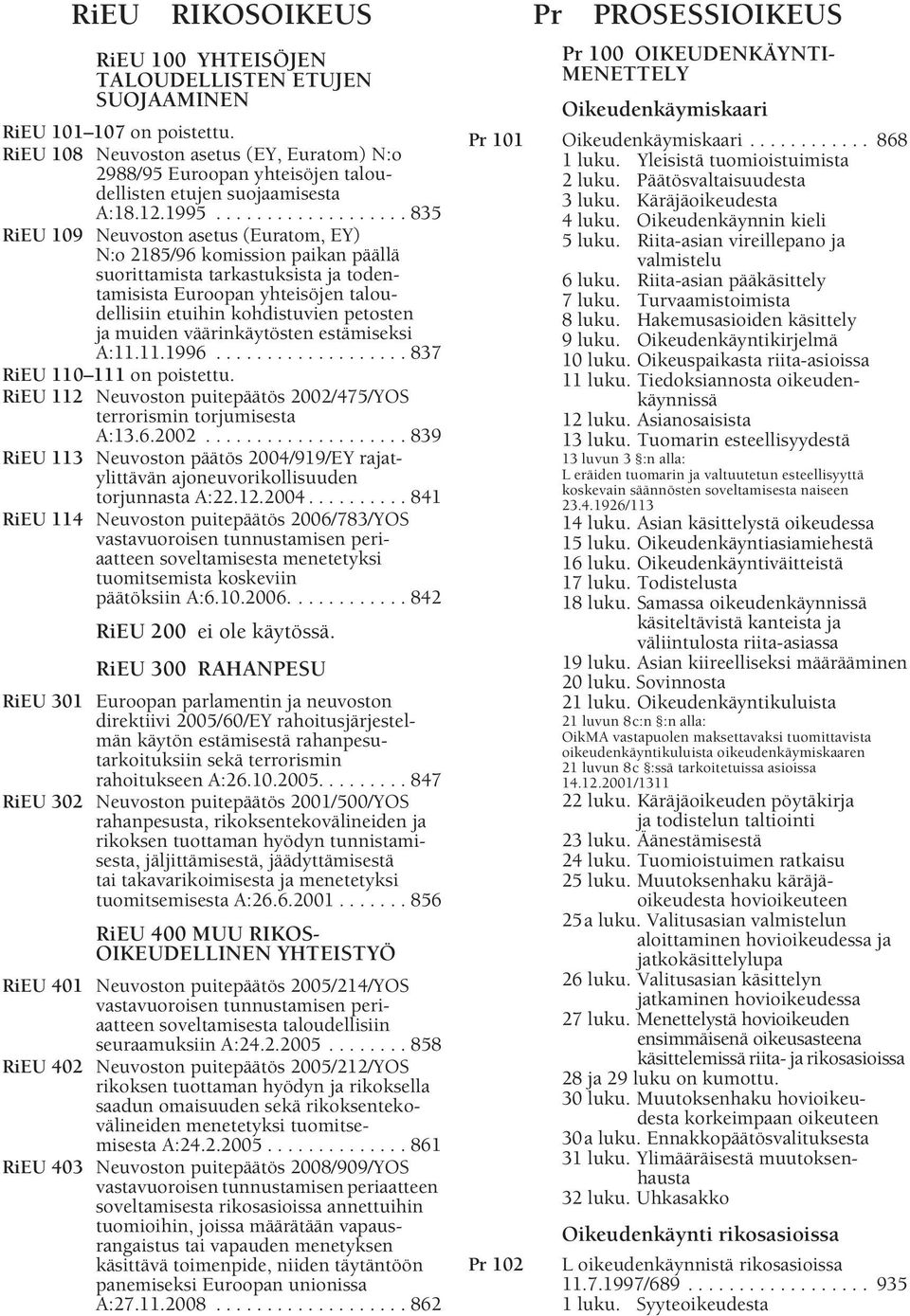 kohdistuvien petosten ja muiden väärinkäytösten estämiseksi A:11.11.1996................... 837 RiEU 110 111 RiEU 112 Neuvoston puitepäätös 2002/