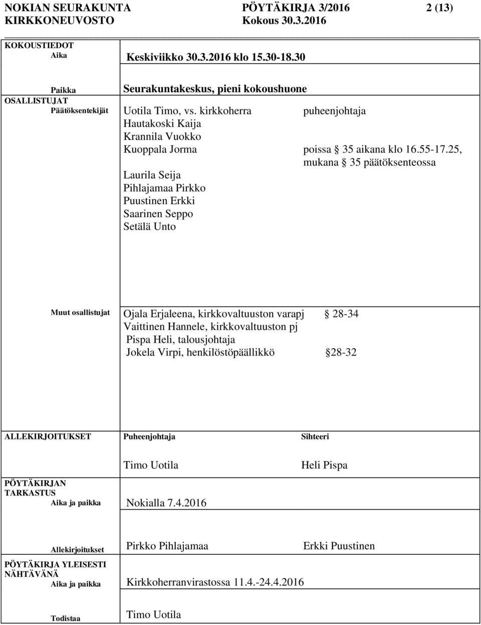 25, mukana 35 päätöksenteossa Muut osallistujat Ojala Erjaleena, kirkkovaltuuston varapj 28-34 Vaittinen Hannele, kirkkovaltuuston pj Pispa Heli, talousjohtaja Jokela Virpi, henkilöstöpäällikkö 28-32