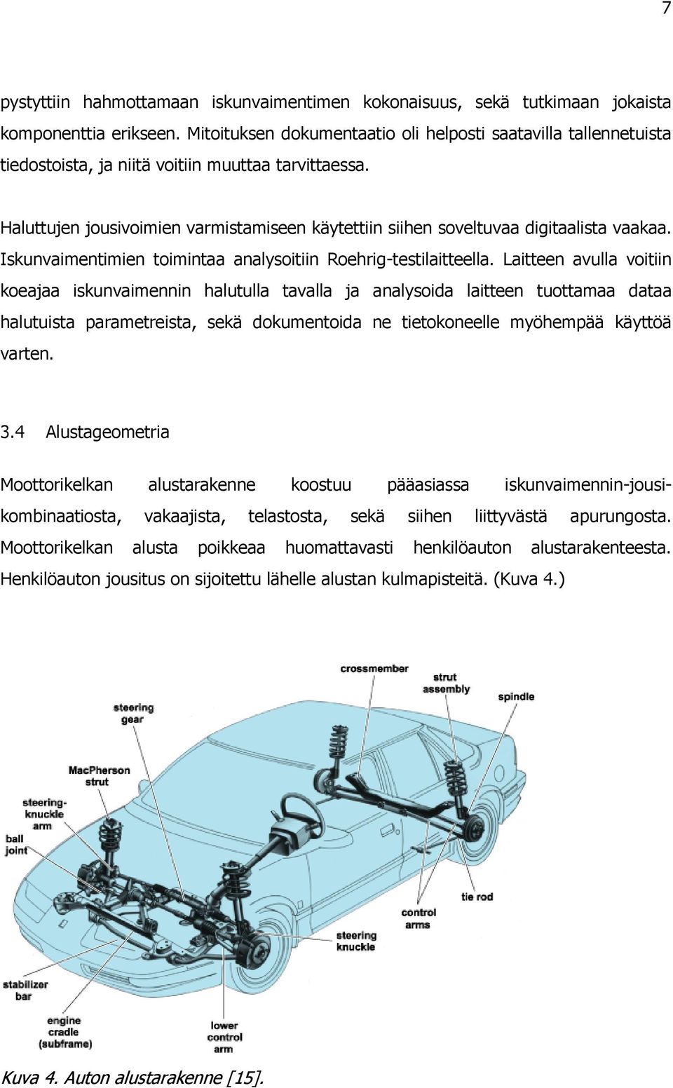 Haluttujen jousivoimien varmistamiseen käytettiin siihen soveltuvaa digitaalista vaakaa. Iskunvaimentimien toimintaa analysoitiin Roehrig-testilaitteella.