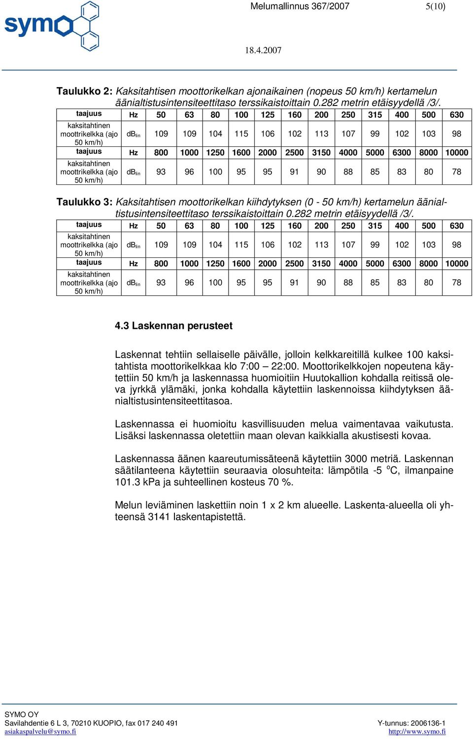 4000 5000 6300 8000 10000 kaksitahtinen moottrikelkka (ajo 50 km/h) db lin 93 96 100 95 95 91 90 88 85 83 80 78 Taulukko 3: Kaksitahtisen moottorikelkan kiihdytyksen (0-50 km/h) kertamelun