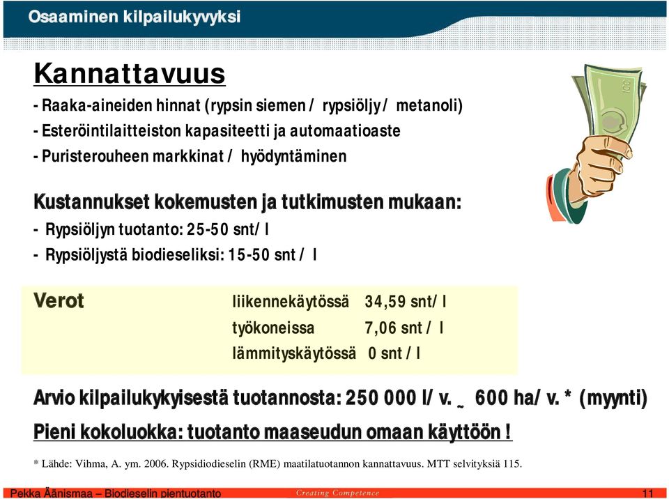 34,59 snt/l työkoneissa 7,06 snt / l lämmityskäytössä 0 snt /l Arvio kilpailukykyisestä tuotannosta: 250 000 l/v. ~ 600 ha/v.